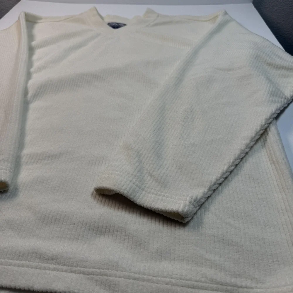 VINTAGE Structure Sweater Mens XL Ivory V-Neck Ribbed Corduroy Look Fleece 90s